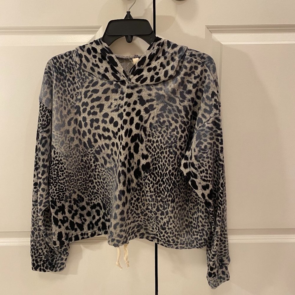 Elan Women's Leopard Print Sweater Hoodie Cropped w/Drawstring, Size L